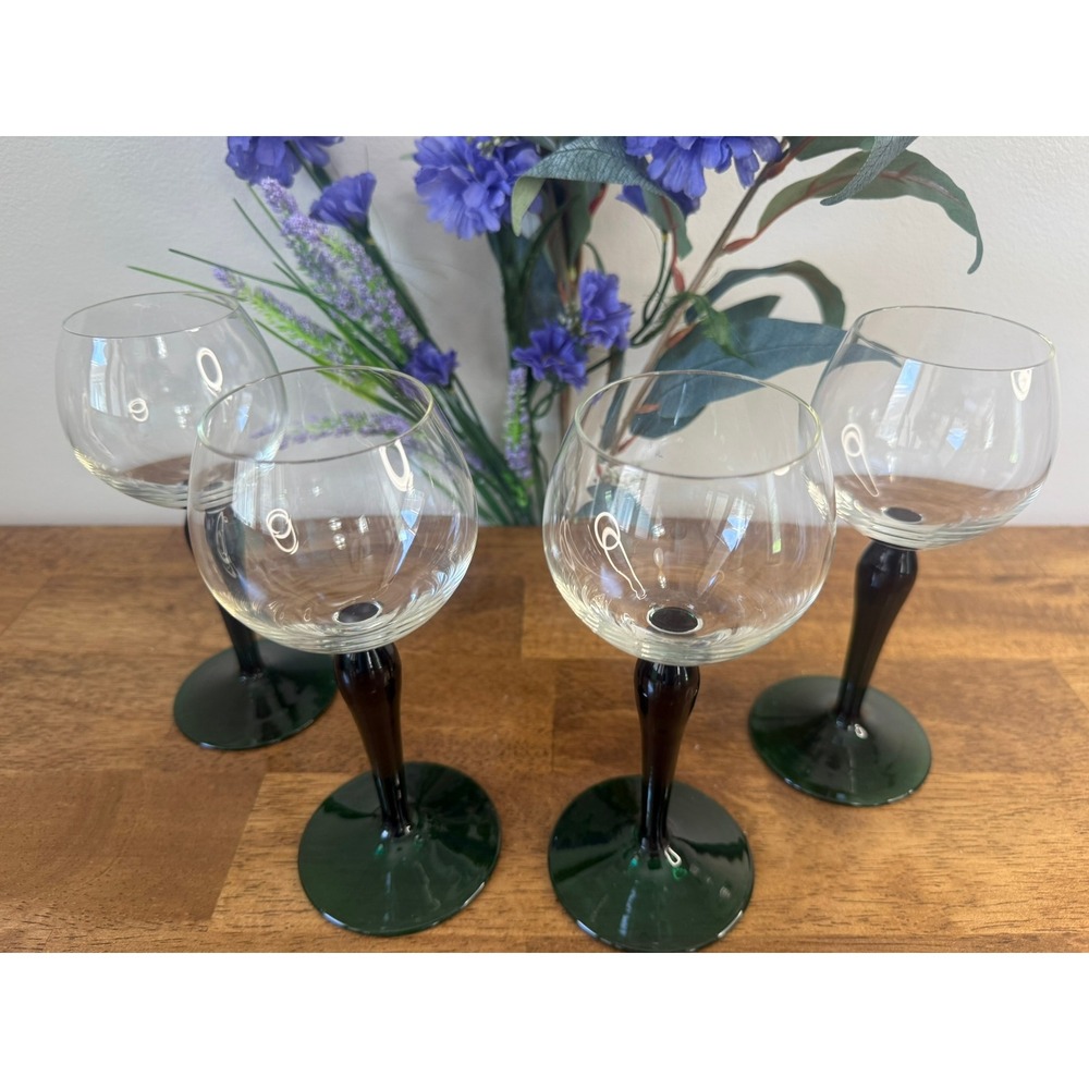 Vintage Emerald Green Wine Glasses Set Mid Century Italian Art Glass Style Bar - Picture 3 of 11